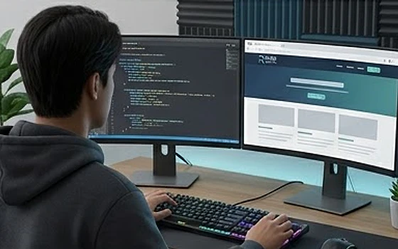 Developer writing code with the website preview on a second monitor